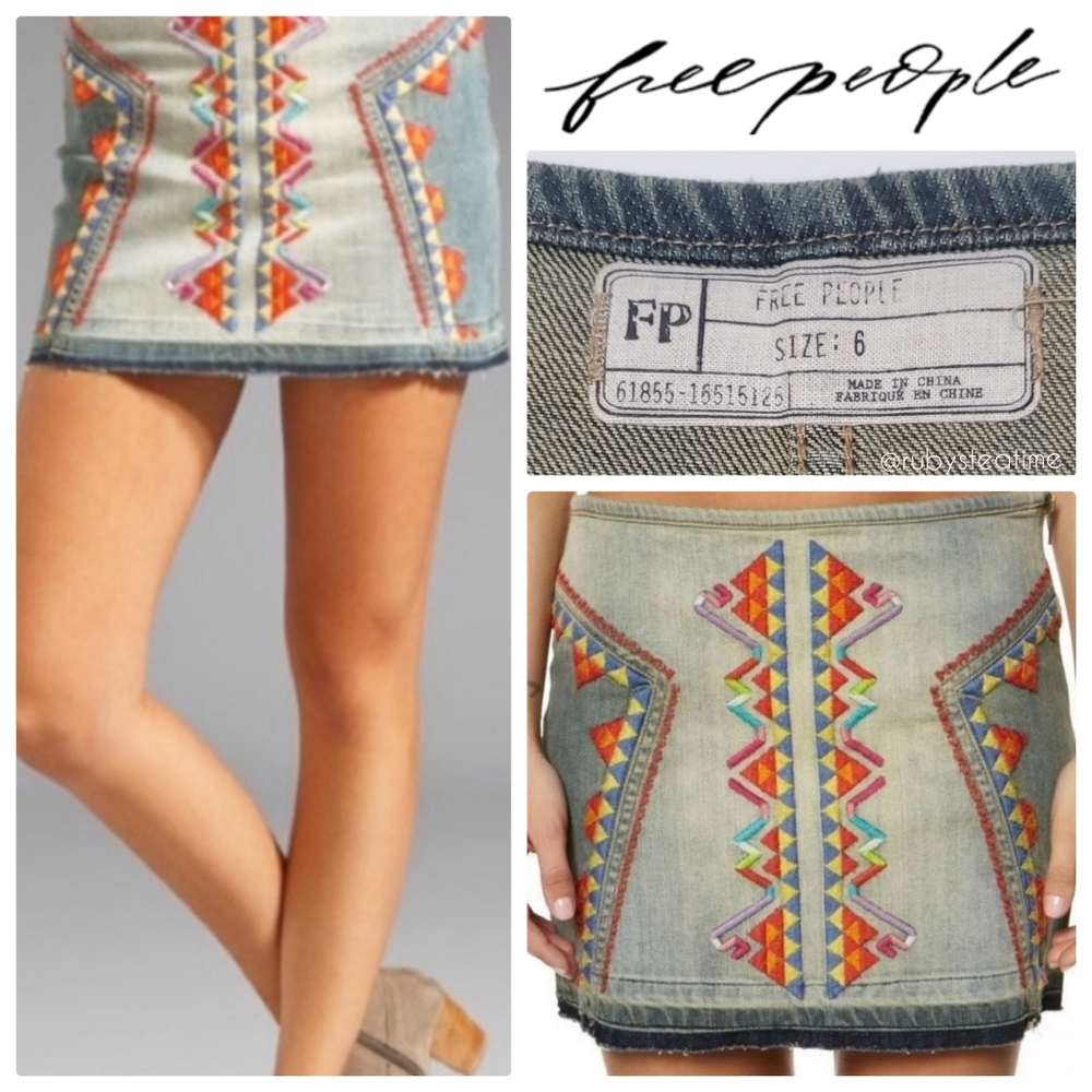 FREE PEOPLE Festival Staple, Aztec Tribal Embroidered Denim Mini Skirt, …